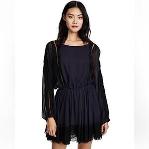 LoveShackFancy 100% Silk Noelle Mini Dress Lace Trim Blue & Black XS